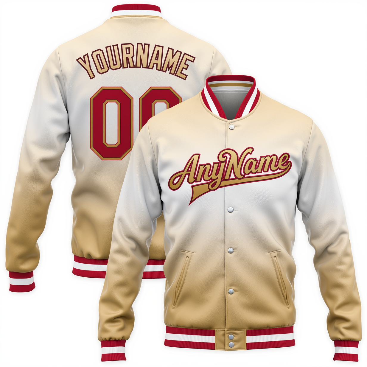 Custom Khaki & White/Red Full-Snap Gradient Fleece Jacket