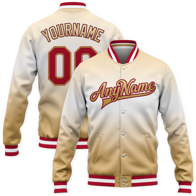 Custom Khaki & White/Red Full-Snap Gradient Fleece Jacket