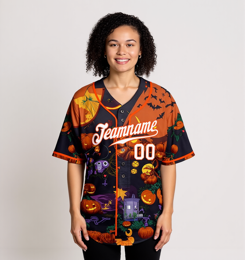 Custom Black & White/Orange 3D Pattern Halloween Pumpkins Bats Baseball Jersey
