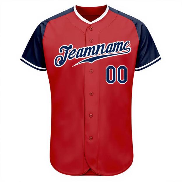 Custom Red & White/Navy Raglan Sleeves Baseball Jersey