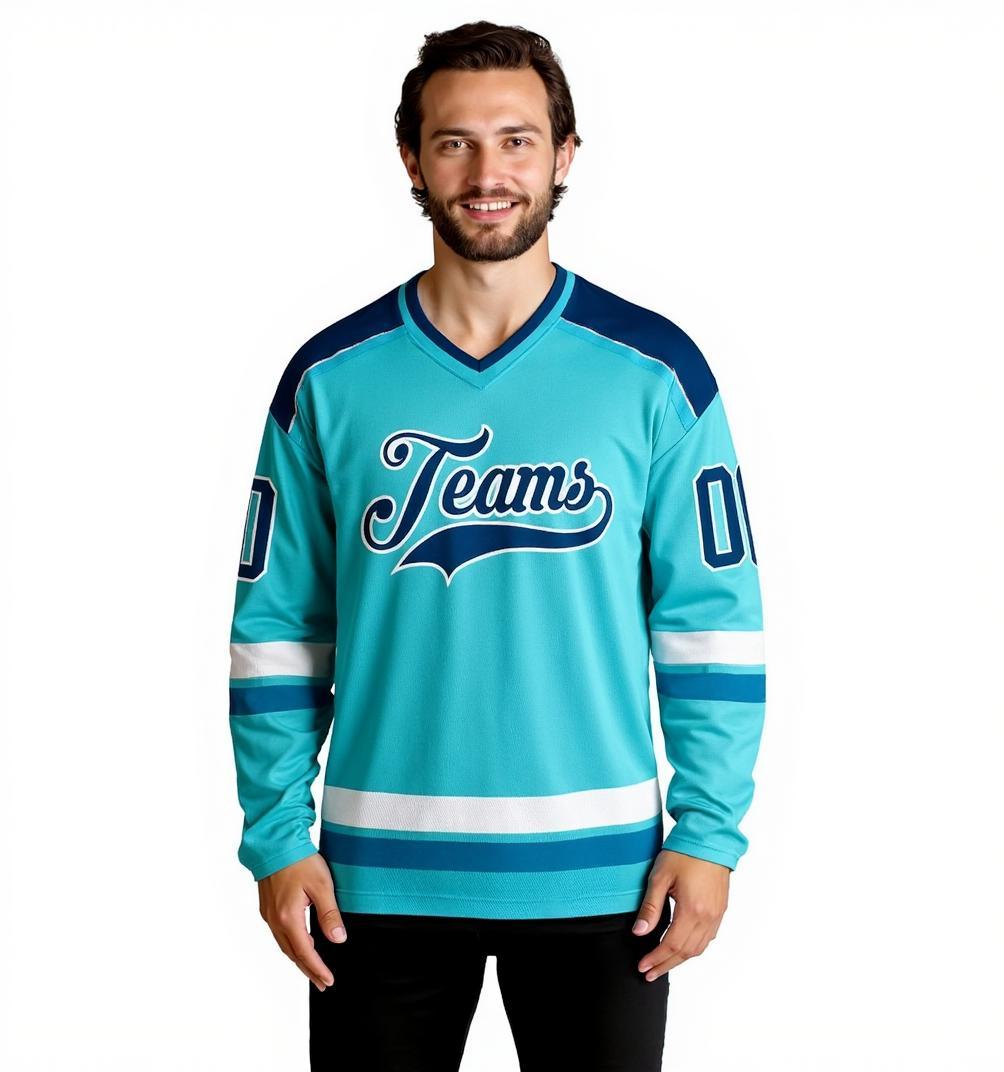 Custom Aqua & Navy/White Hockey Jersey