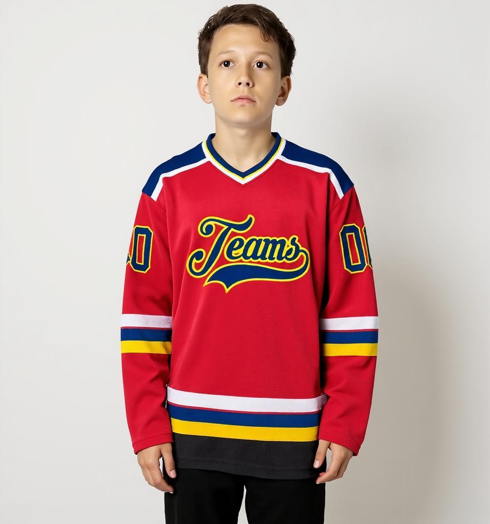 Custom Red & Navy/Gold Hockey Jersey