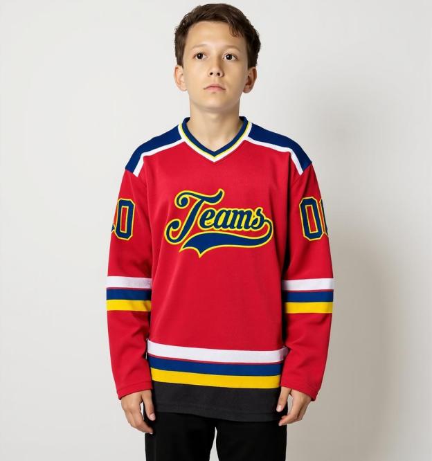Custom Red & Navy/Gold Hockey Jersey