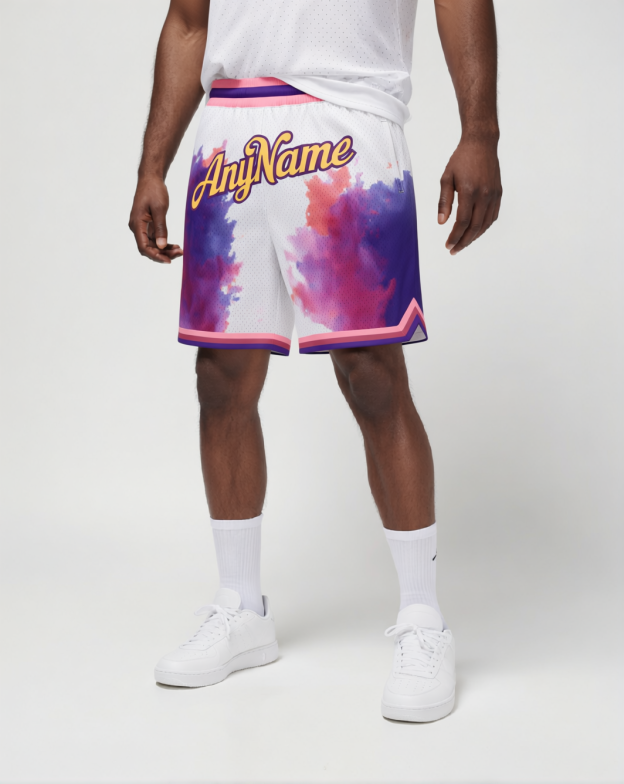 Custom Ink Splash White & Pink/Purple Throwback Shorts