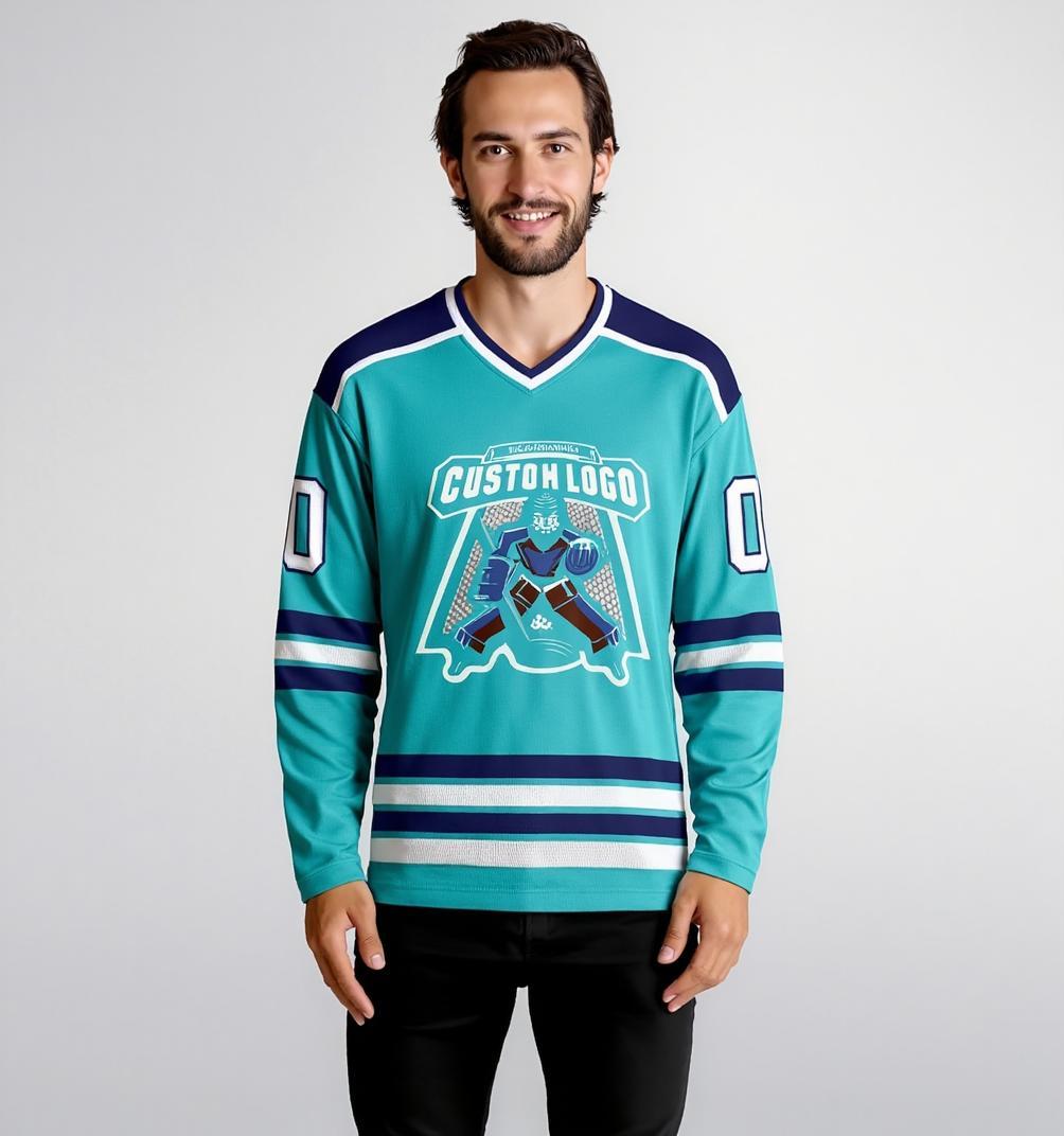 Custom Aqua & White/Navy Hockey Jersey