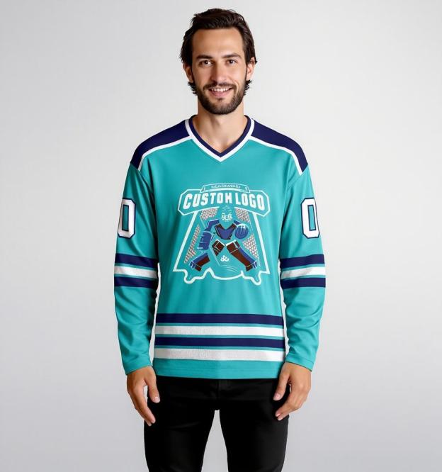 Custom Aqua & White/Navy Hockey Jersey