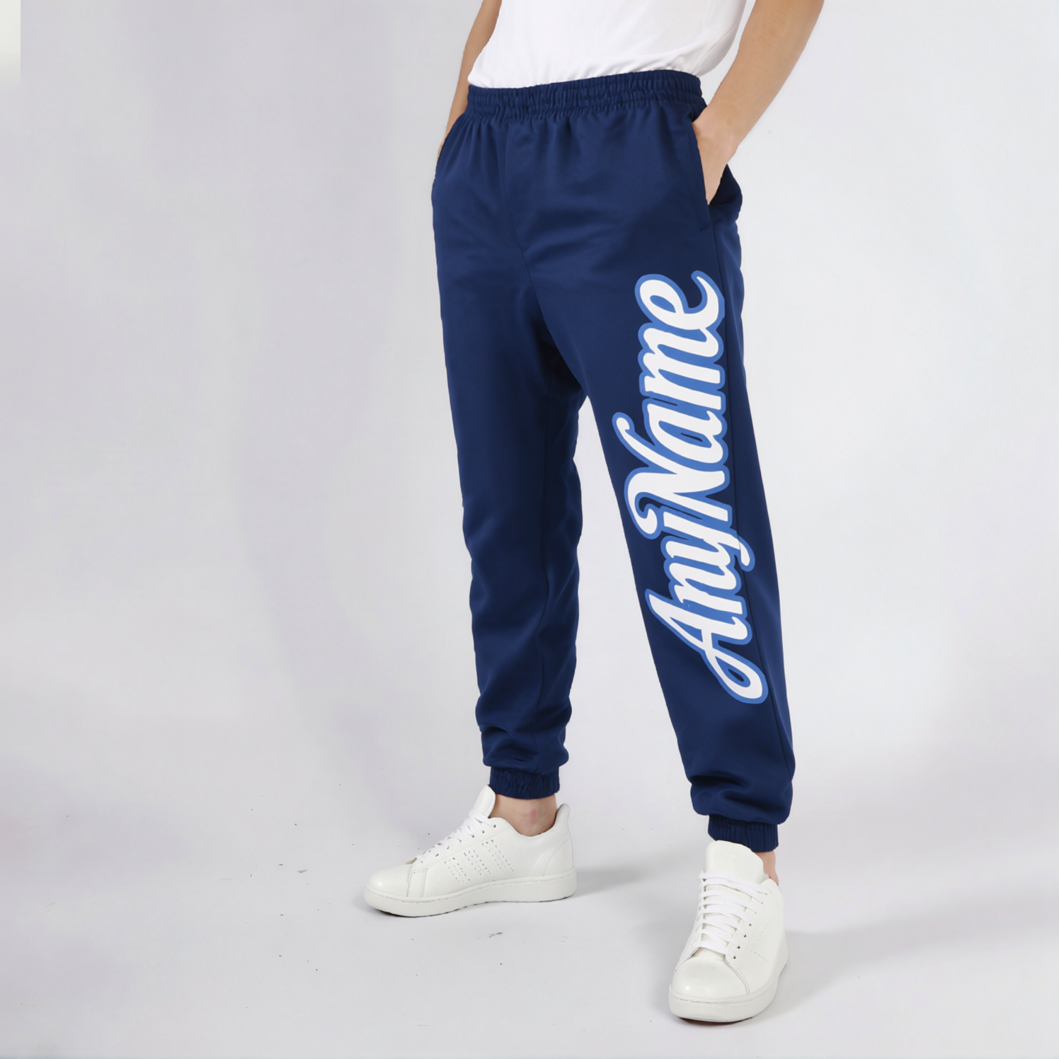 Custom Navy Blue & White Fleece Jogger Sweatpants