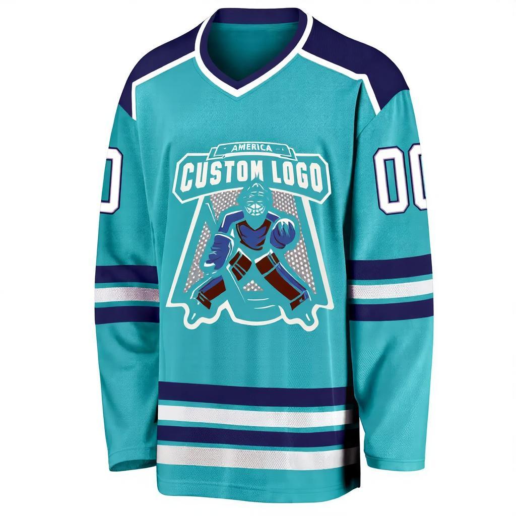 Custom Aqua & White/Navy Hockey Jersey