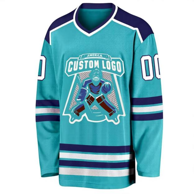 Custom Aqua & White/Navy Hockey Jersey