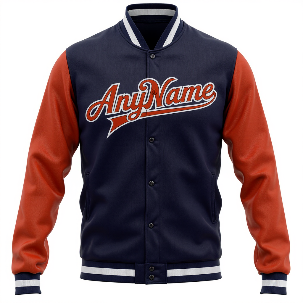 Custom Navy & Orange/White Full-Snap Raglan Sleeves Fleece Jacket