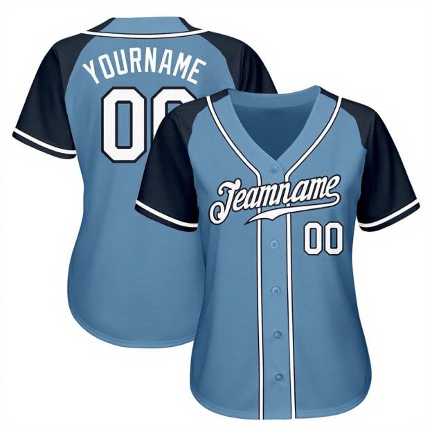 Custom Blue & White/Navy Raglan Sleeves Baseball Jersey