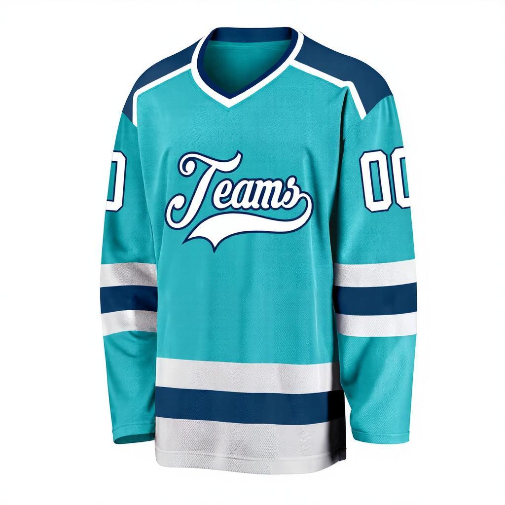Custom Aqua & White/Navy Hockey Jersey