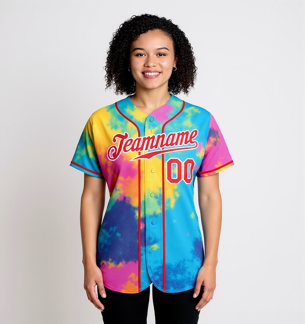 Custom Tie Dye Red & White Baseball Jersey