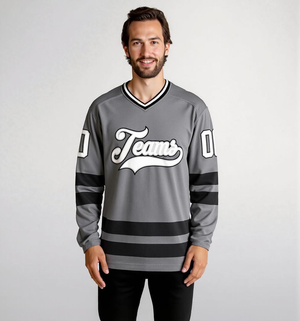 Custom Grey & White/Black Hockey Jersey