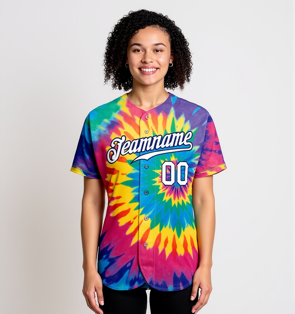 Custom Tie Dye White & Navy Baseball Jersey