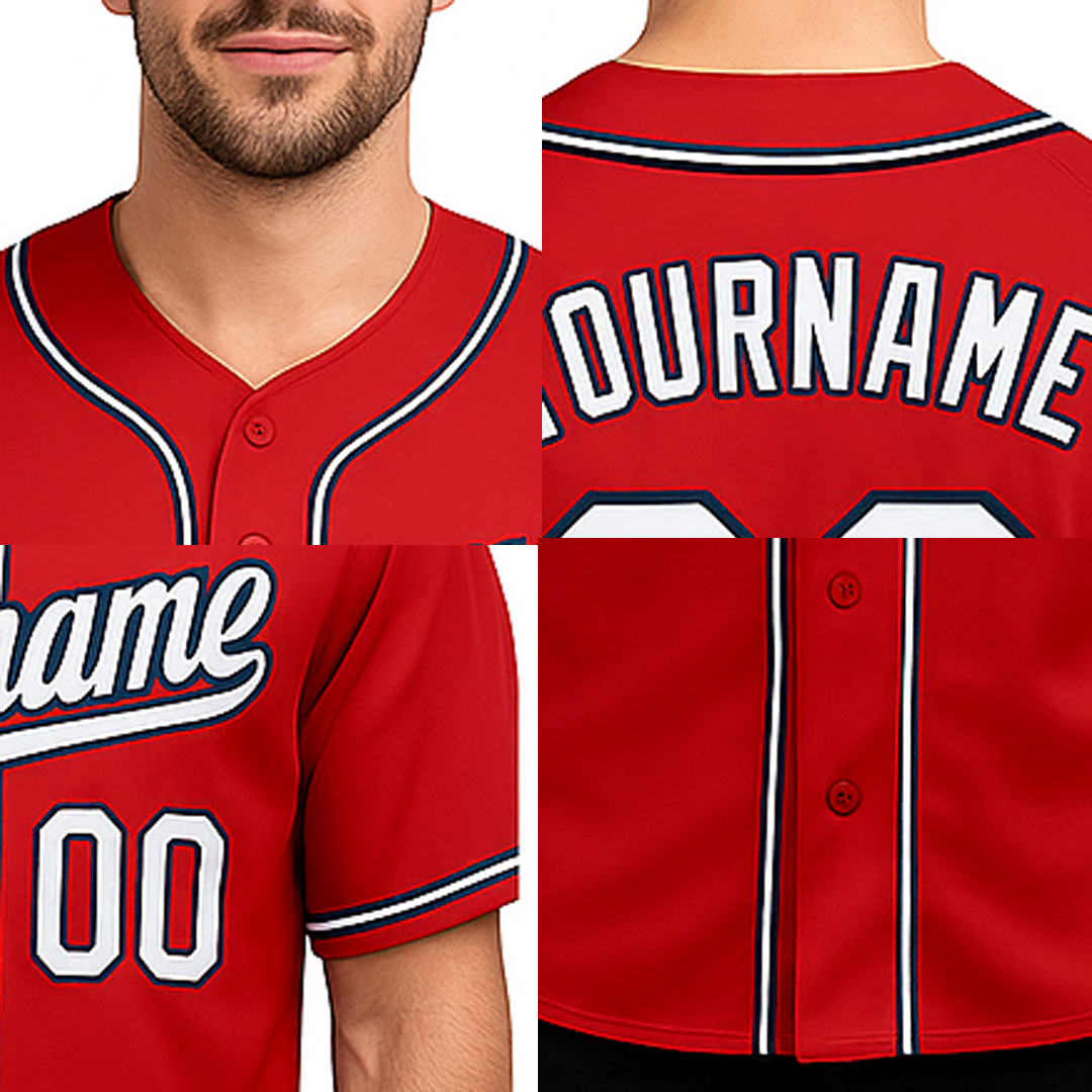 Custom Red & White/Navy Baseball Jersey