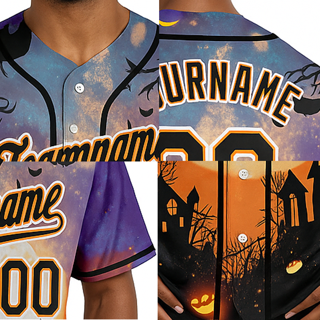 Custom Black&Orange/White 3D Pattern Halloween Pumpkins Bats Baseball Jersey