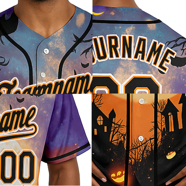 Custom Black&Orange/White 3D Pattern Halloween Pumpkins Bats Baseball Jersey