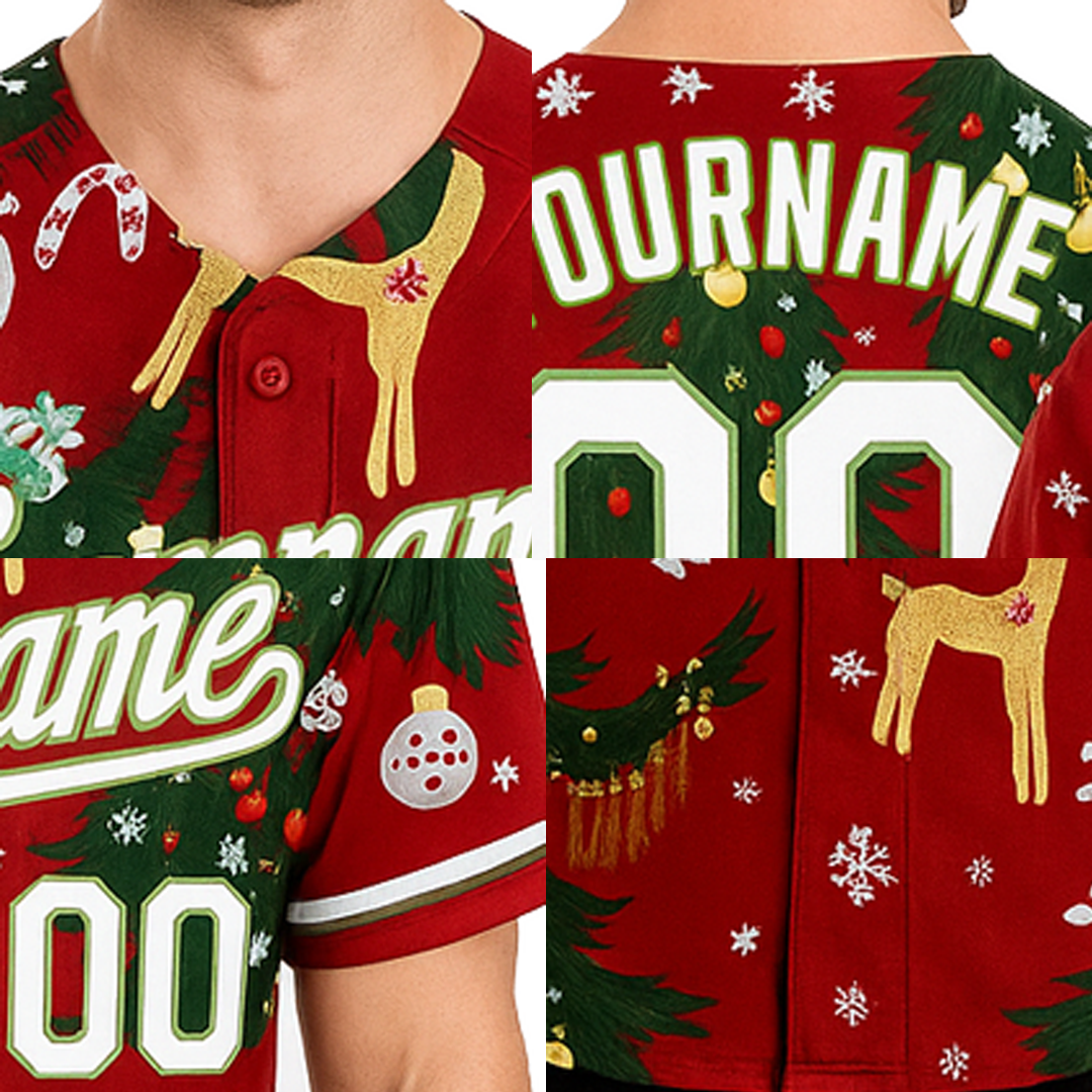 Custom Red & White/Green Christmas 3D Pattern Baseball Jersey