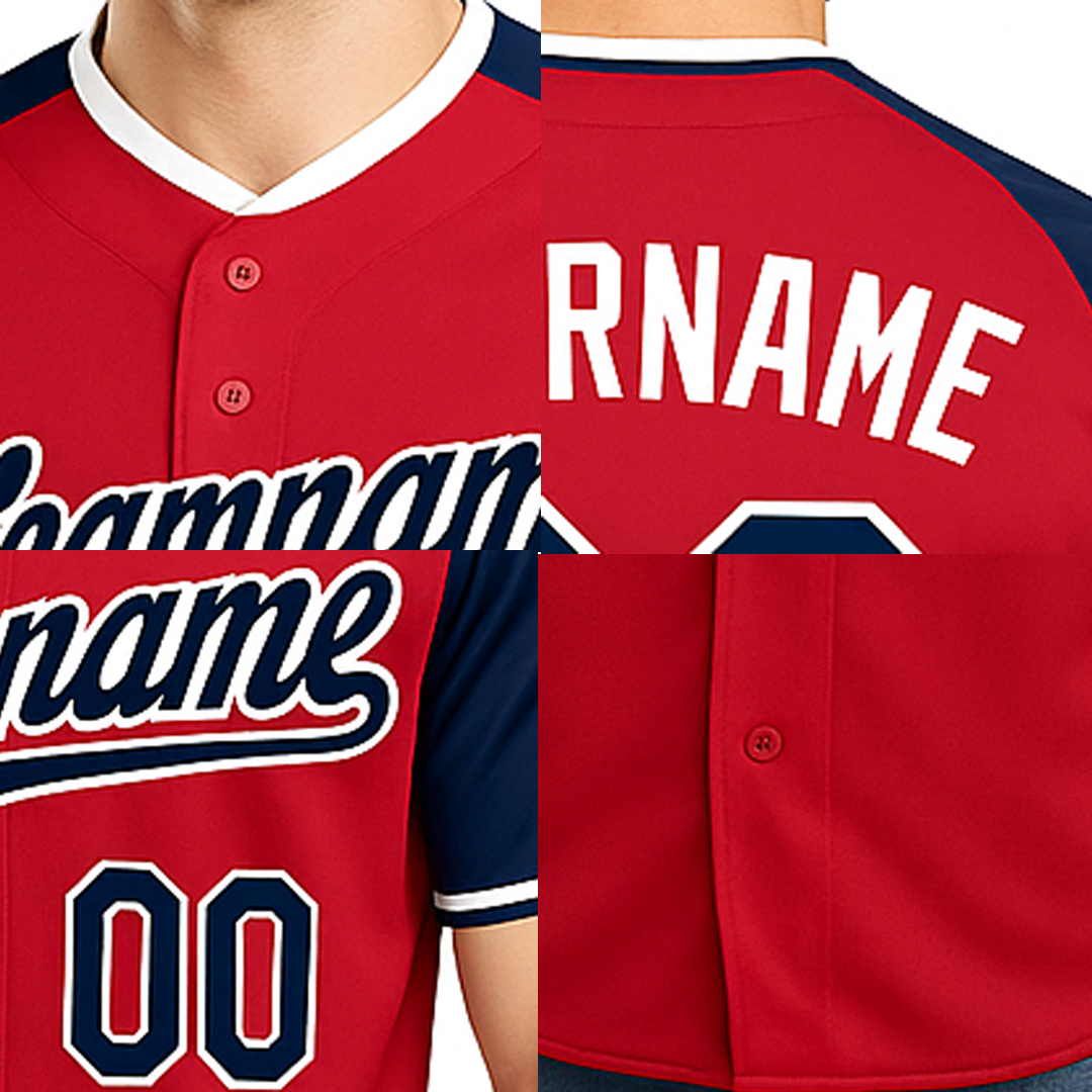 Custom Red & White/Navy Raglan Sleeves Baseball Jersey