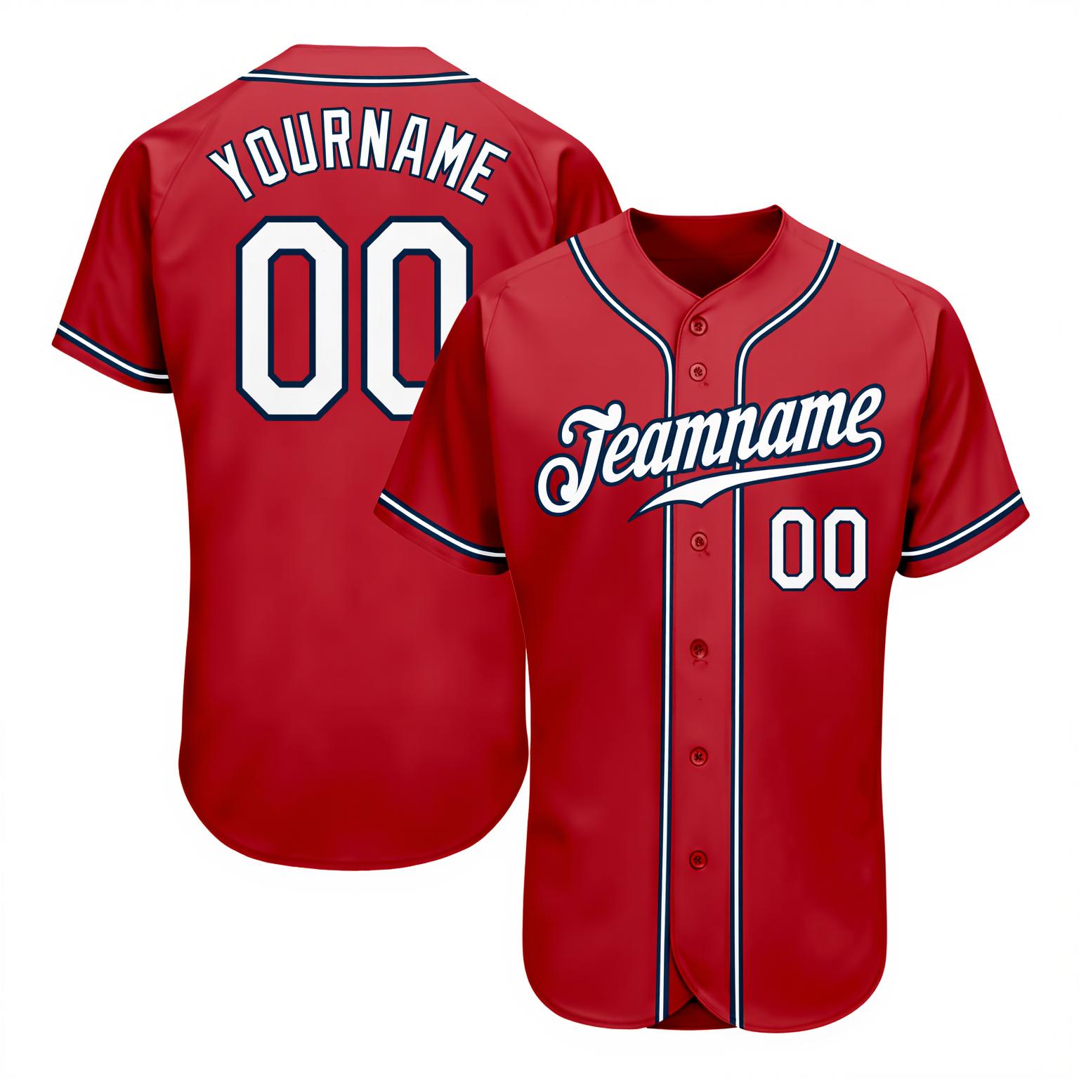 Custom Red & White/Navy Baseball Jersey