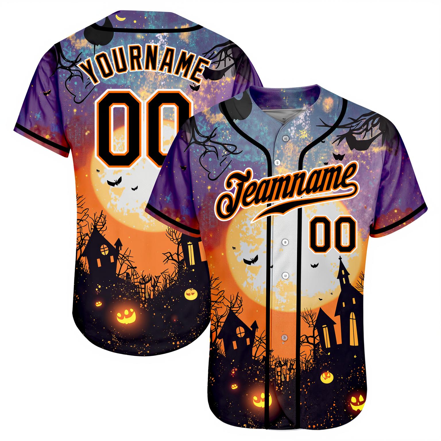 Custom Black&Orange/White 3D Pattern Halloween Pumpkins Bats Baseball Jersey