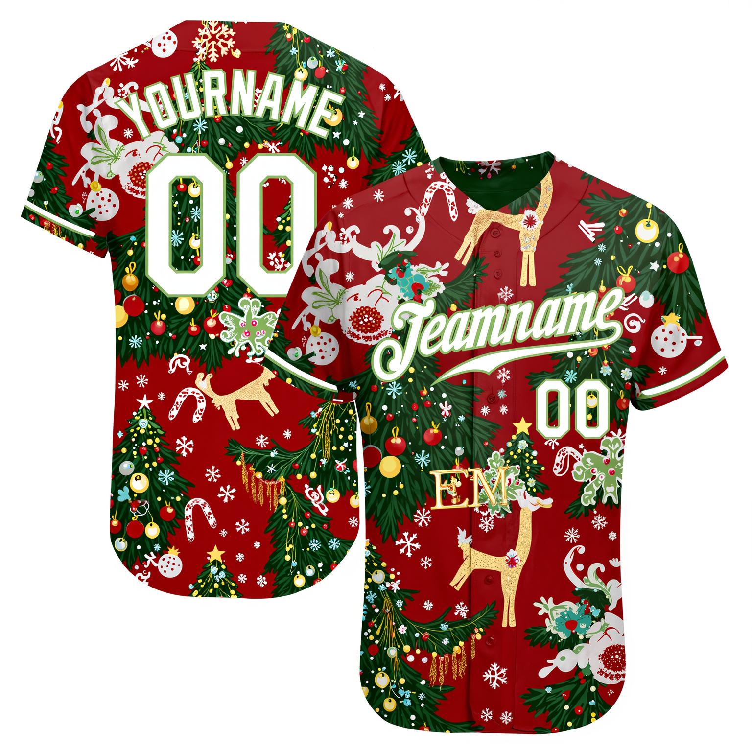 Custom Red & White/Green Christmas 3D Pattern Baseball Jersey