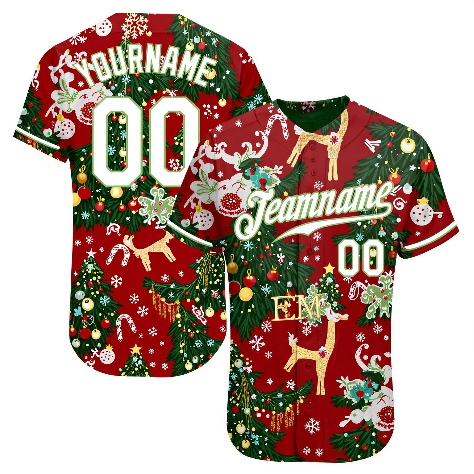 Custom Red & White/Green Christmas 3D Pattern Baseball Jersey
