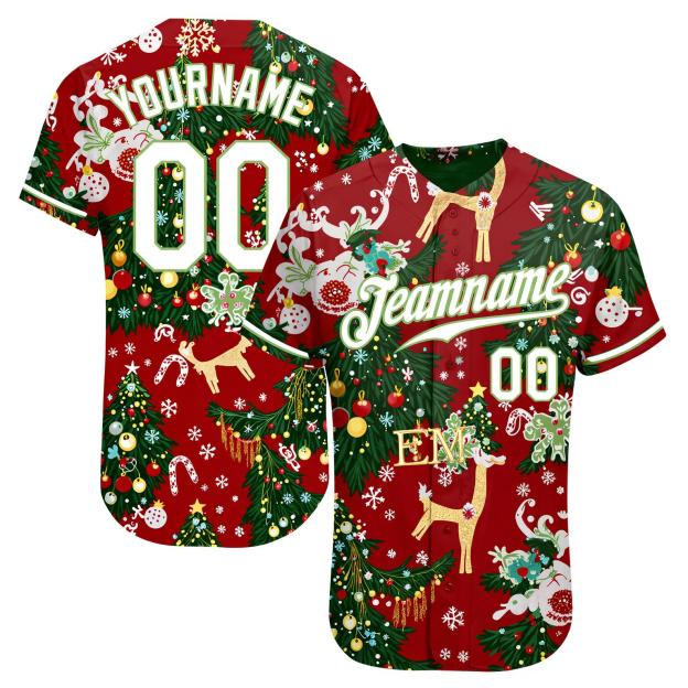Custom Red & White/Green Christmas 3D Pattern Baseball Jersey