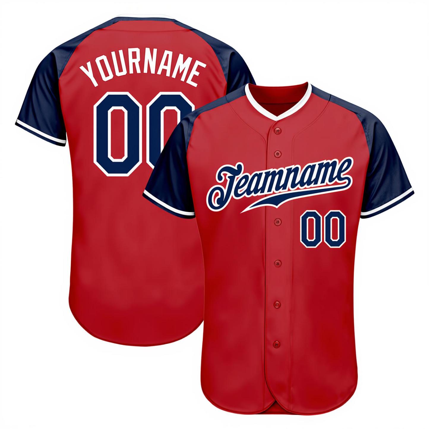 Custom Red & White/Navy Raglan Sleeves Baseball Jersey