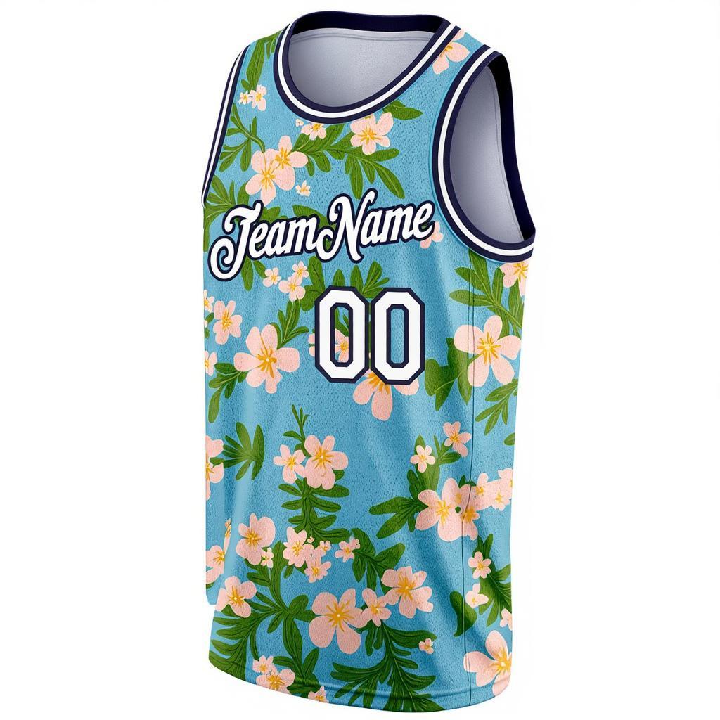 Custom 3D Pattern Aqua & White/Navy Hawaii Flowers Basketball City Edition Jersey