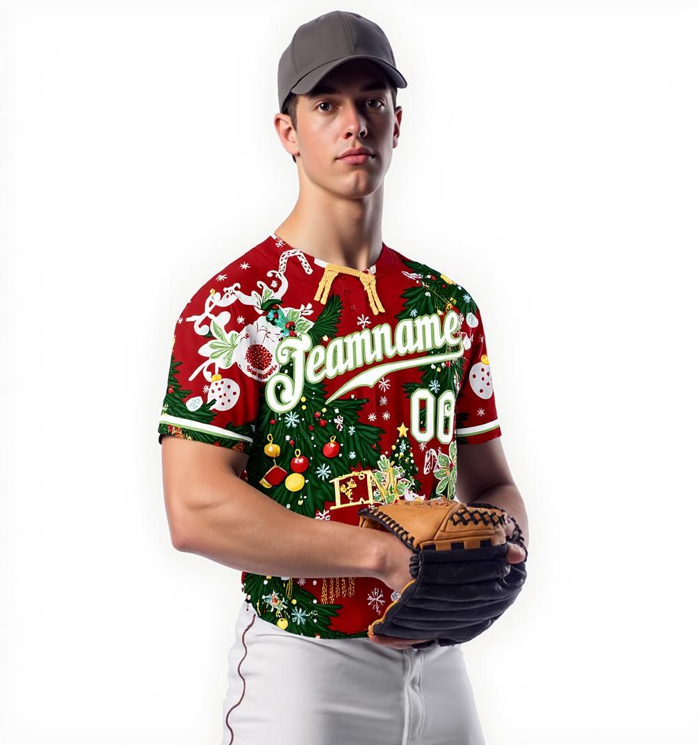 Custom Red & White/Green Christmas 3D Pattern Baseball Jersey