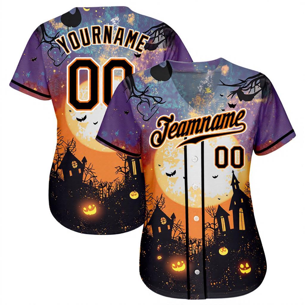 Custom Black&Orange/White 3D Pattern Halloween Pumpkins Bats Baseball Jersey