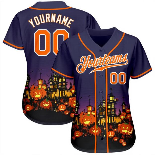 Custom Purple&Orange/White 3D Pattern Halloween Pumpkins Bats Baseball Jersey