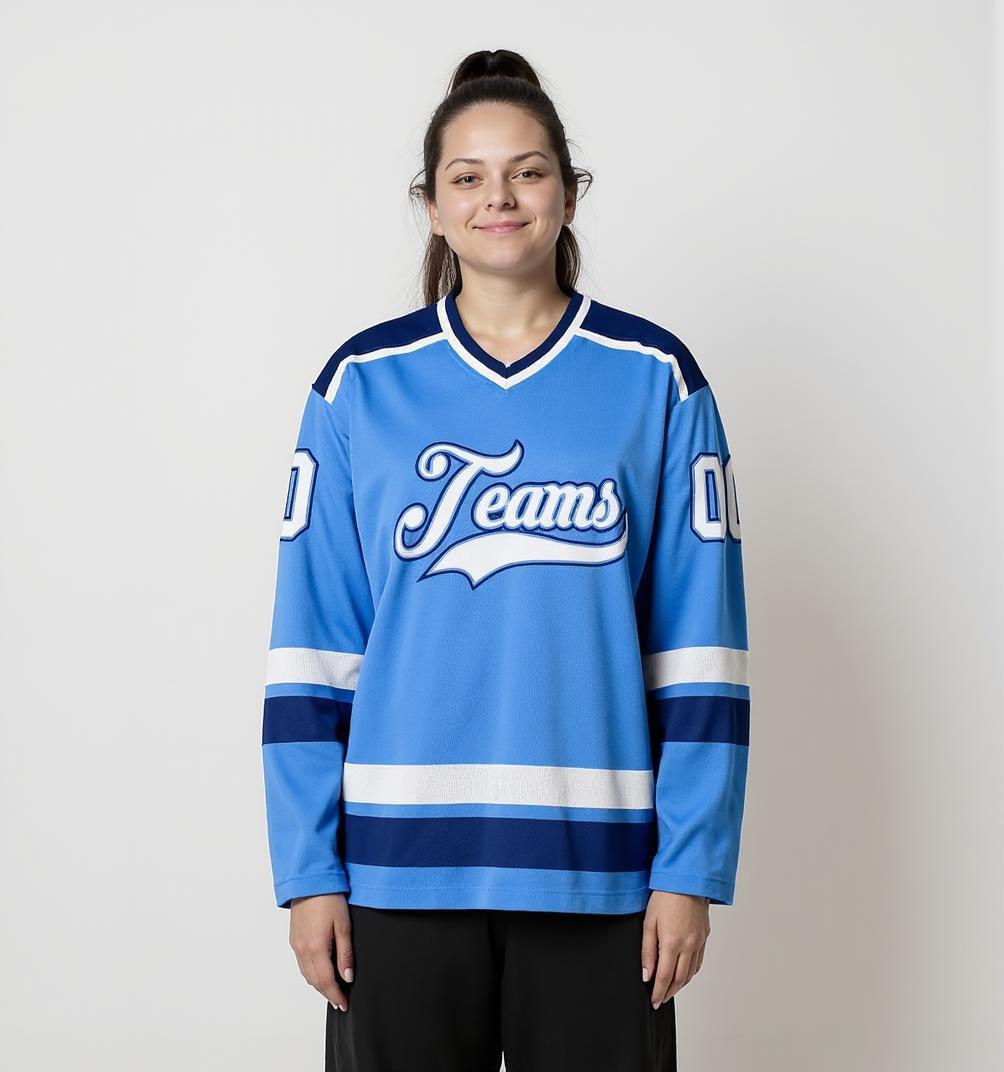 Custom Sky Blue & White/Navy Hockey Jersey
