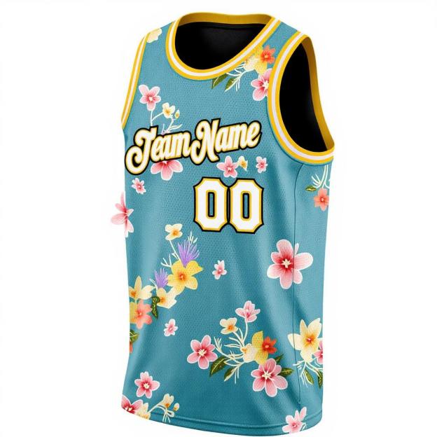Custom 3D Pattern Aqua & White/Black Hawaii Flowers Basketball City Edition Jersey