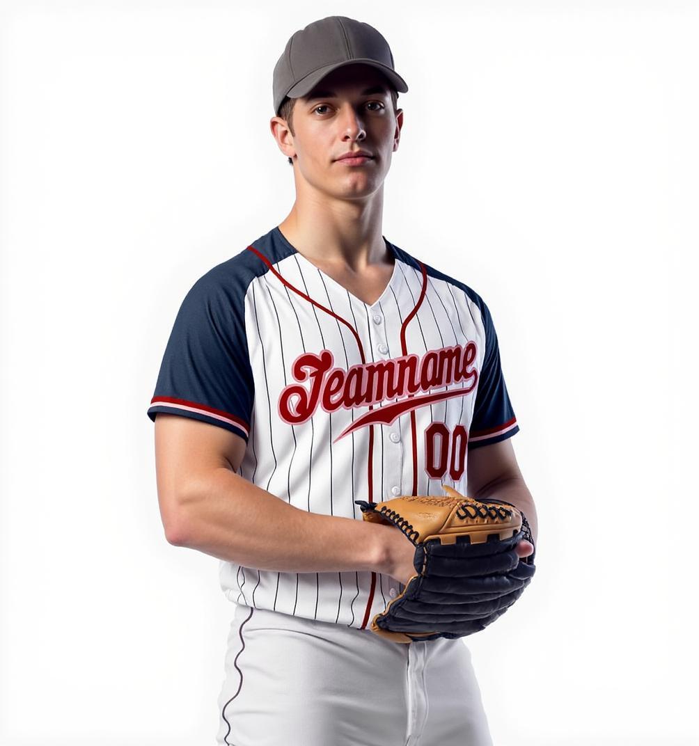 Custom White & Navy Pinstripes Raglan Sleeves Baseball Jersey