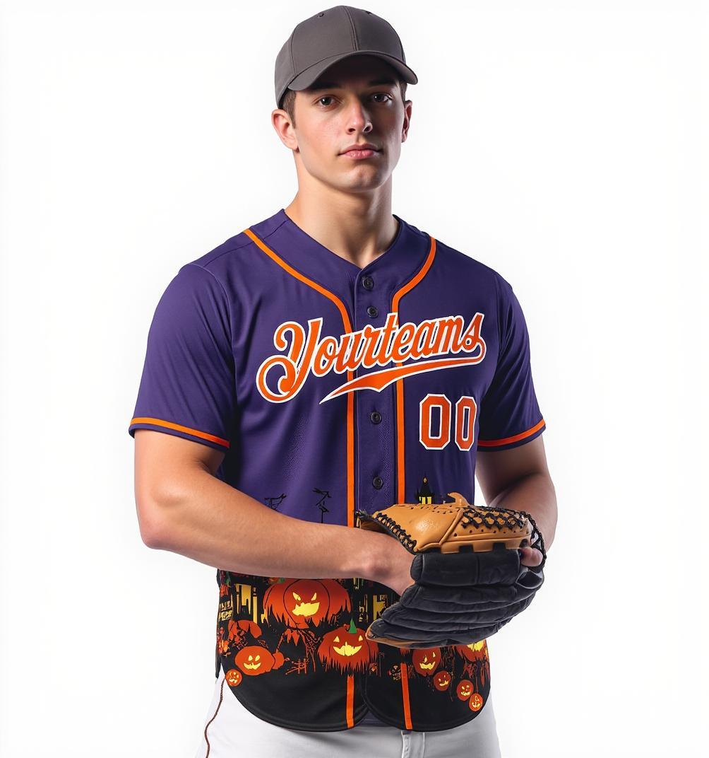 Custom Purple&Orange/White 3D Pattern Halloween Pumpkins Bats Baseball Jersey