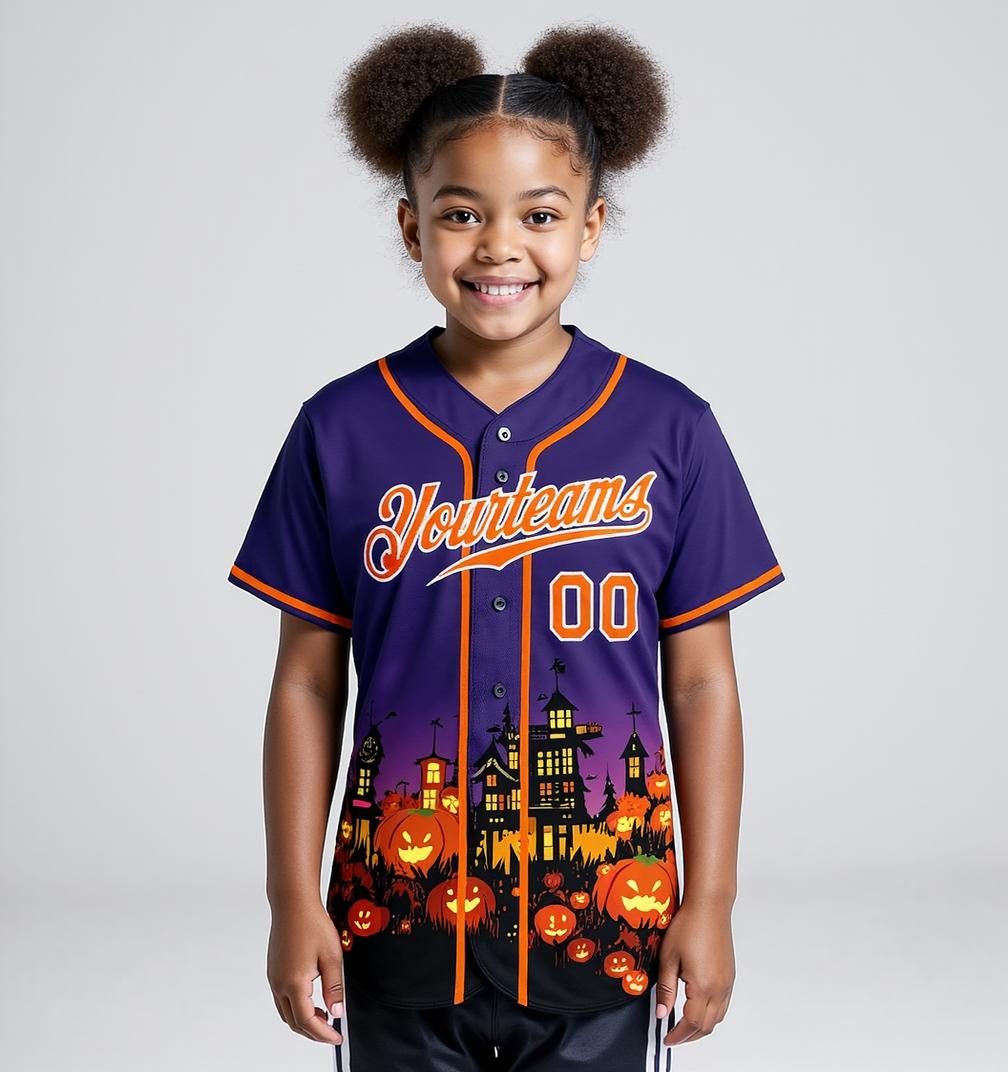 Custom Purple&Orange/White 3D Pattern Halloween Pumpkins Bats Baseball Jersey