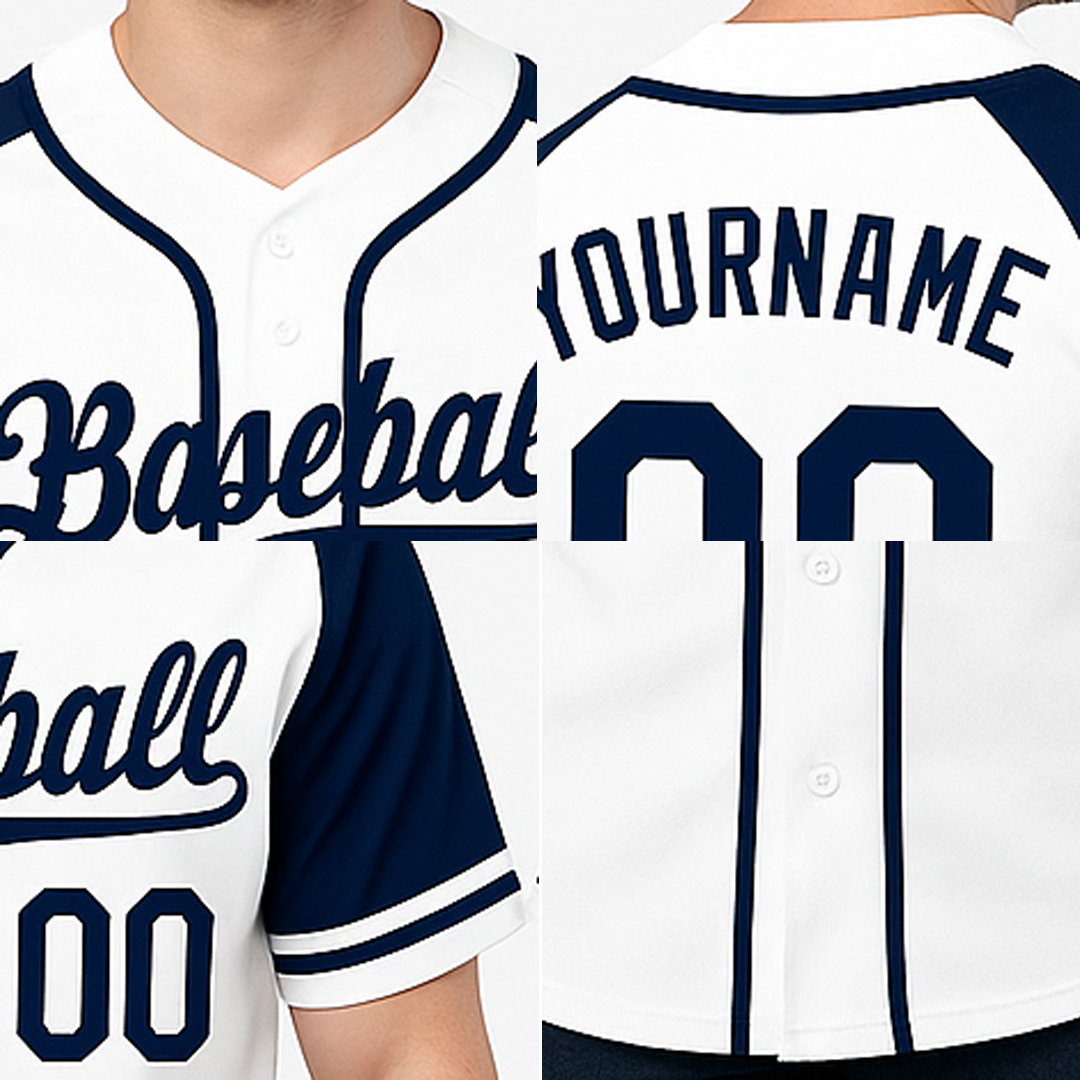 Custom White & Navy Raglan Sleeves Baseball Jersey