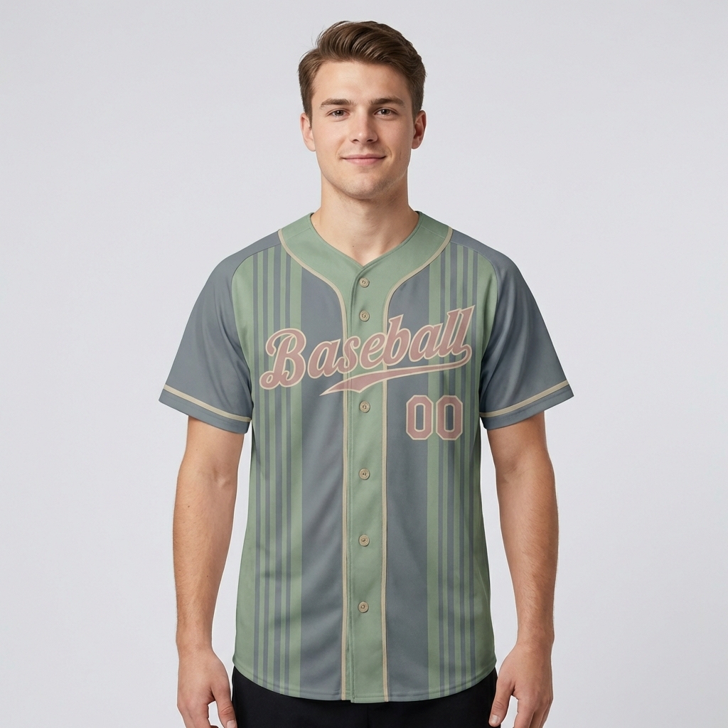Custom Grey & Green/Pink Stripes Pattern Baseball Jersey