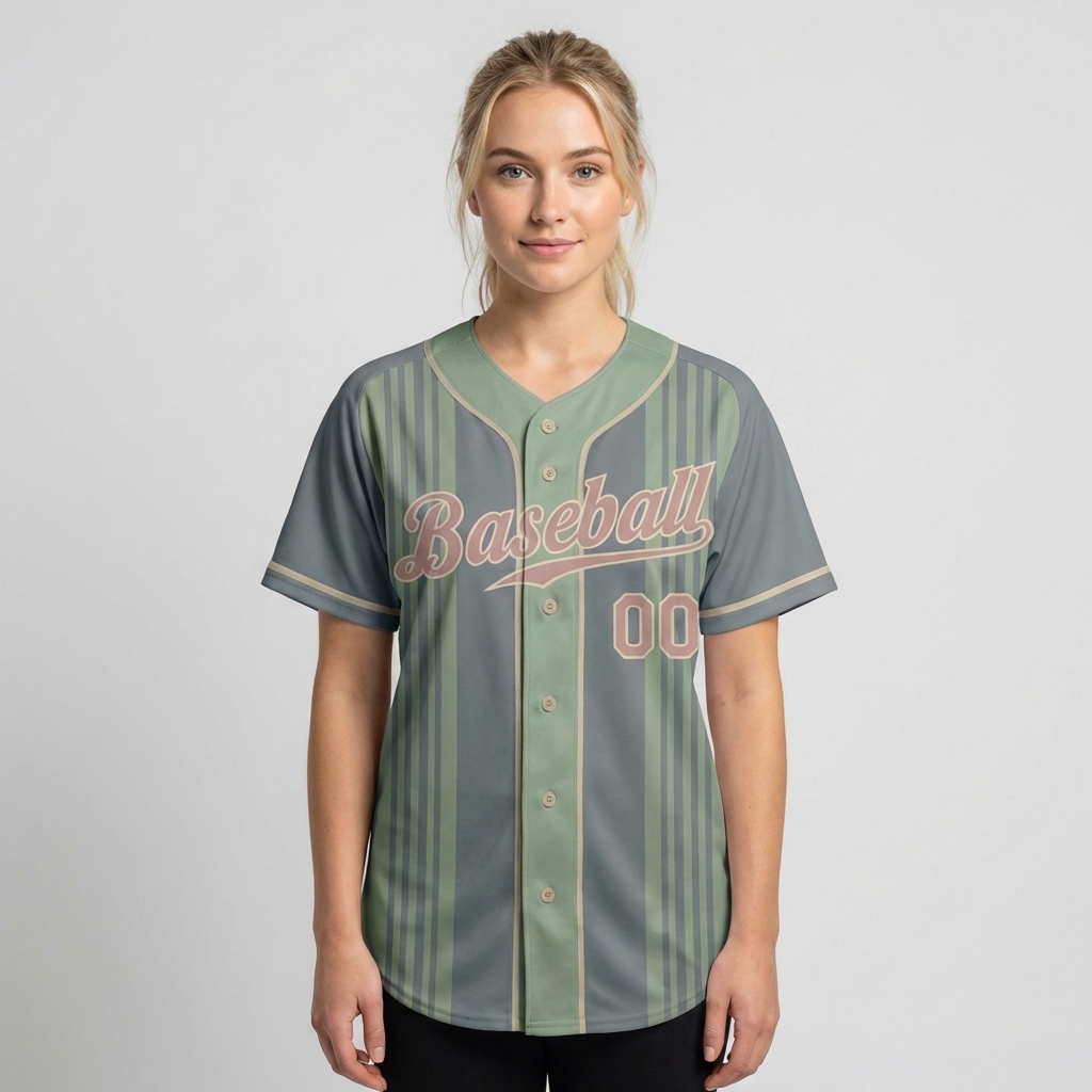 Custom Grey & Green/Pink Stripes Pattern Baseball Jersey