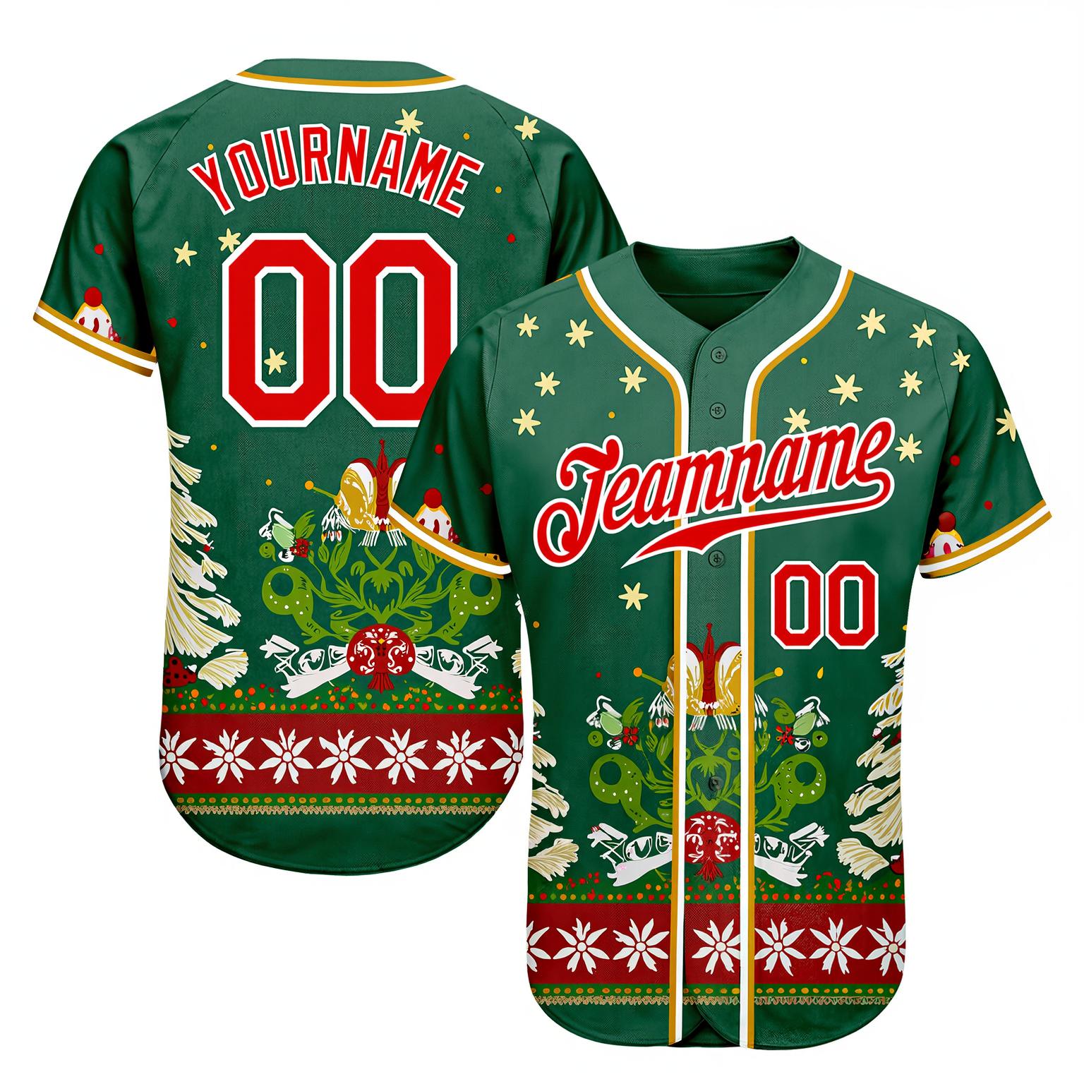 Custom Green & Red/White Christmas 3D Pattern Baseball Jersey