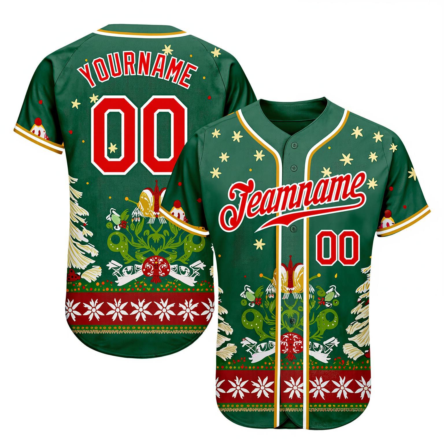 Custom Green & Red/White Christmas 3D Pattern Baseball Jersey