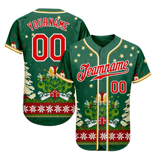 Custom Green & Red/White Christmas 3D Pattern Baseball Jersey