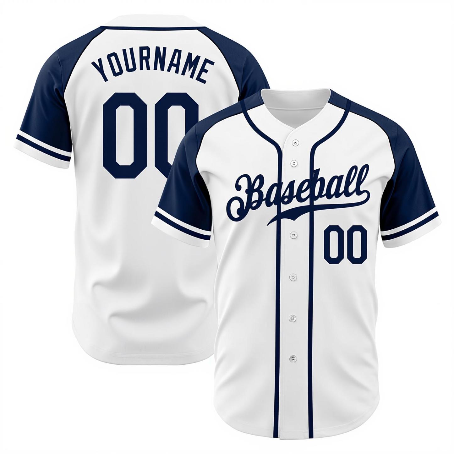 Custom White & Navy Raglan Sleeves Baseball Jersey