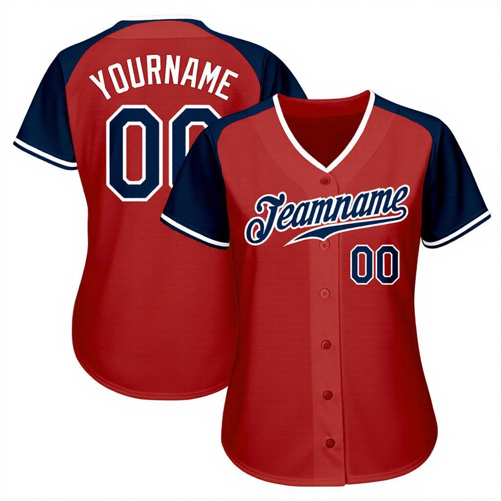 Custom Red & White/Navy Raglan Sleeves Baseball Jersey