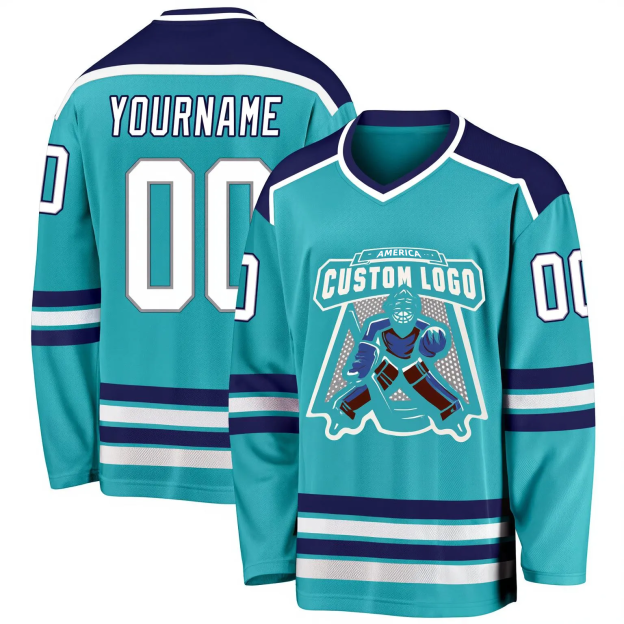 Custom Aqua & White/Navy Hockey Jersey