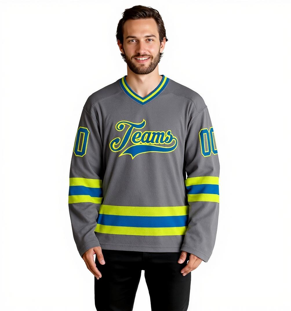 Custom Grey & Royal/Green Hockey Jersey