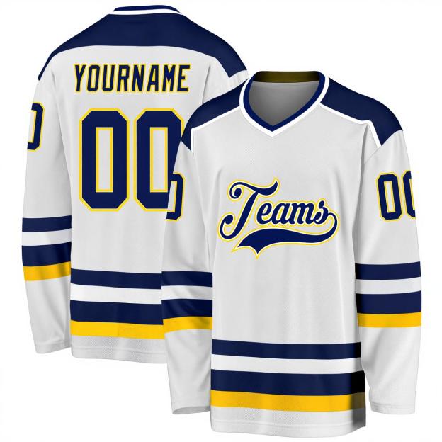 Custom White & Navy/Yellow Hockey Jersey